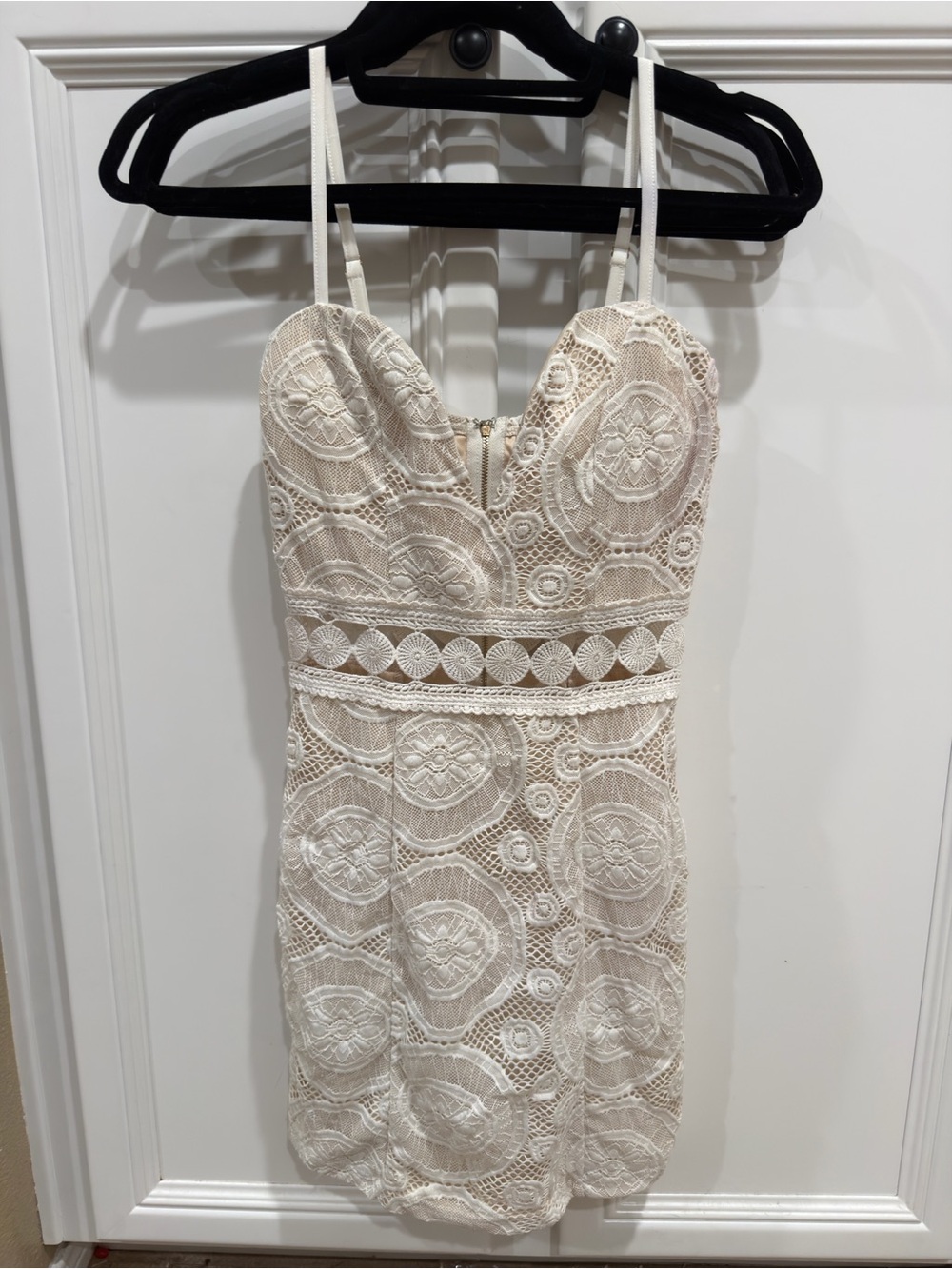 Lace Circle-Pattern Mini Dress in Ivory - Sleeveless Spaghetti Strap
